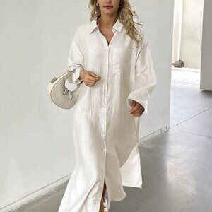 White Casual Womens Oversized Loose Maxi Shirt Dress